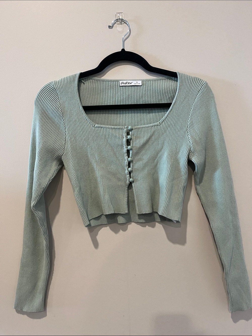 Aster Sage Green Ribbed Button-Front Crop Top